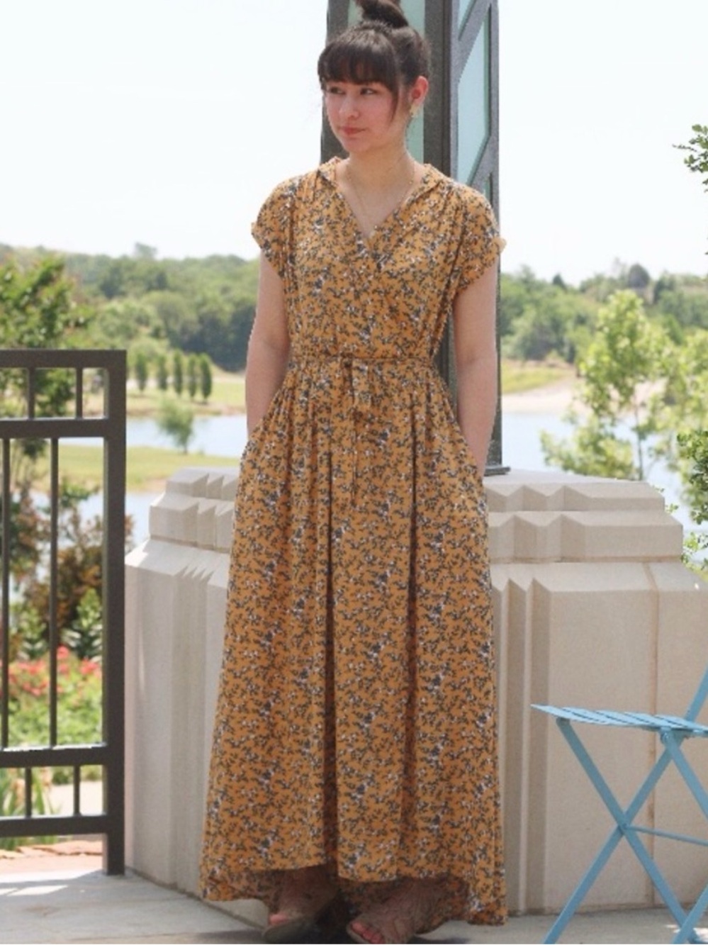 Umgee Yellow Floral wrap Maxi Dress with Blue Accent Print, Medium